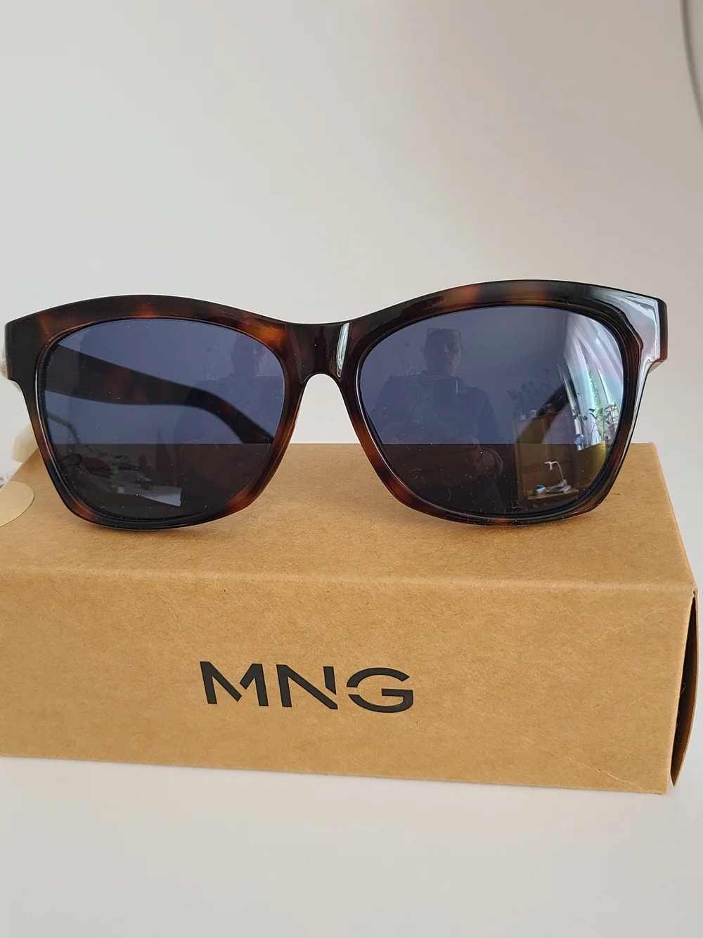 Mango Tortoiseshell Sunglasses with Dark Brow Amber Accents and Navy Blue Lenses